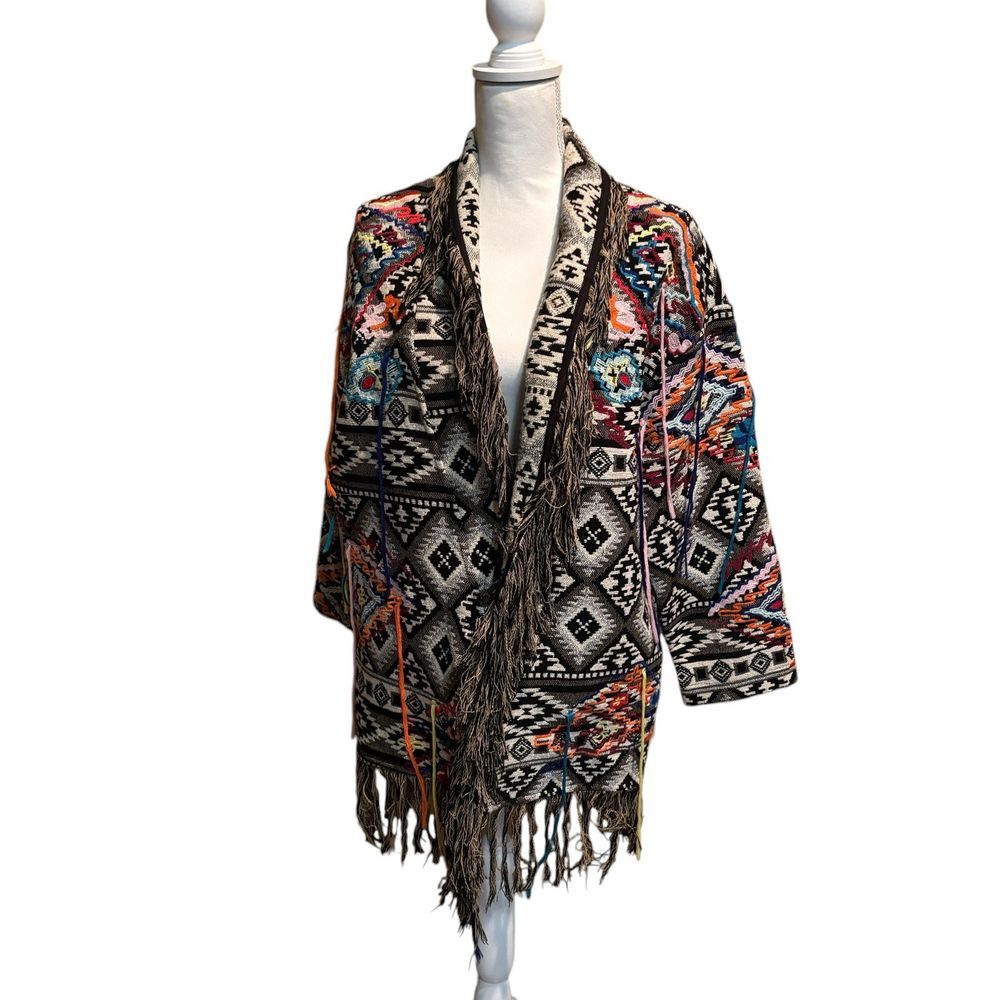 ZARA KIMONO FRINGED TRIBAL AZTEC EMBROIDERED BLAZER COAT JACKET Size XS